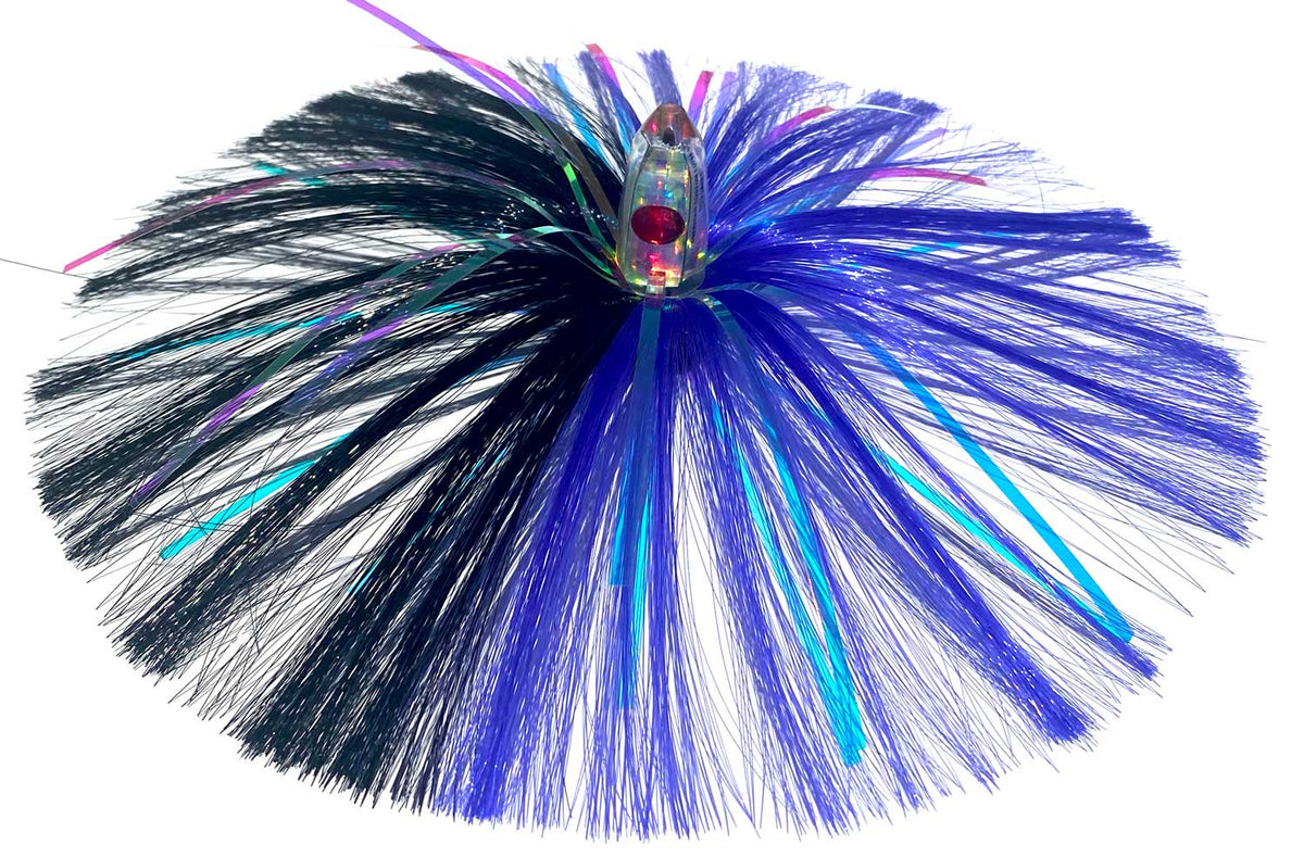 1oz HooSkull Mirror Head Witch Hair Trolling Lure – Purple/Black & Mylar