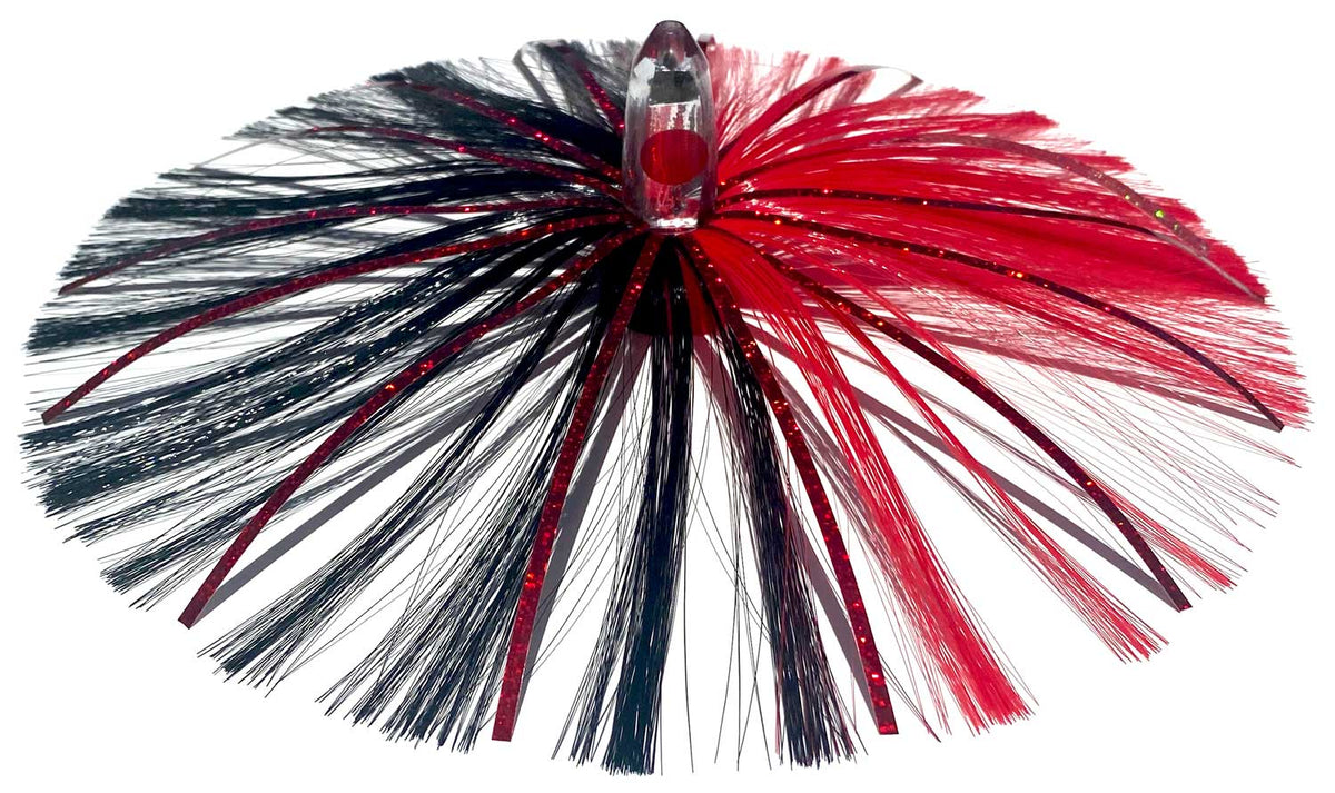 1oz HooSkull Mirror Head Witch Hair Trolling Lure – Red/Black & Red Mylar