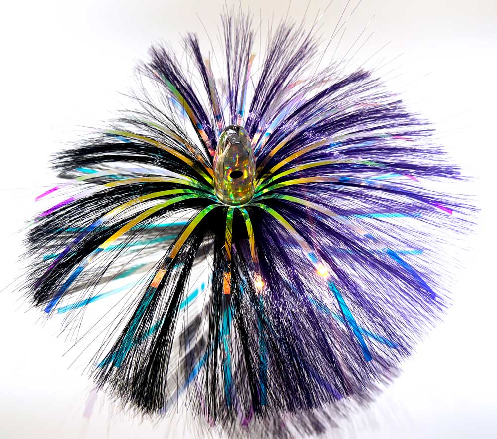 3oz HooSkull Mirror Head Witch Hair Trolling Lure – Purple/Black Mylar