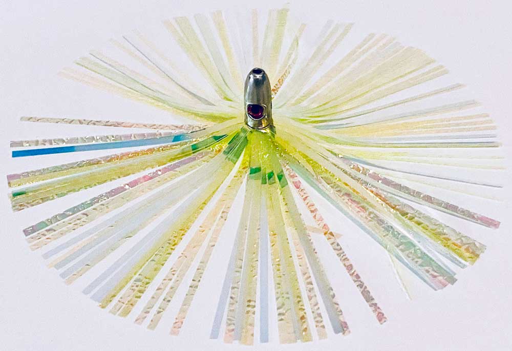 Mylar Duster Lure 4.5" Bright Yellow Gold Crinkle 1oz Lead Head - Weighted Offshore Trolling Lure for Mahi, Wahoo & Sailfish