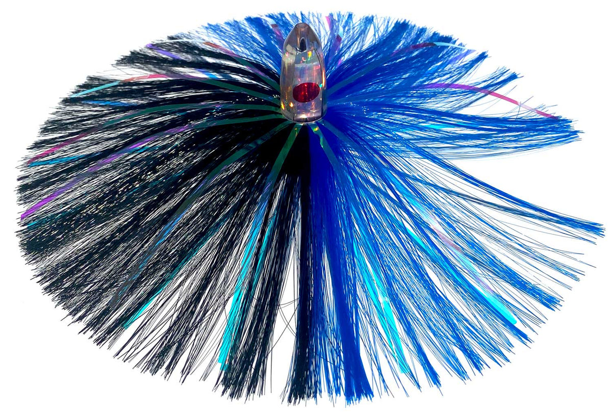 1oz HooSkull Mirror Head Witch Hair Trolling Lure – Blue/Black & Mylar Flash
