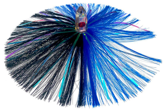 1oz HooSkull Mirror Head Witch Hair Trolling Lure – Blue/Black & Mylar Flash