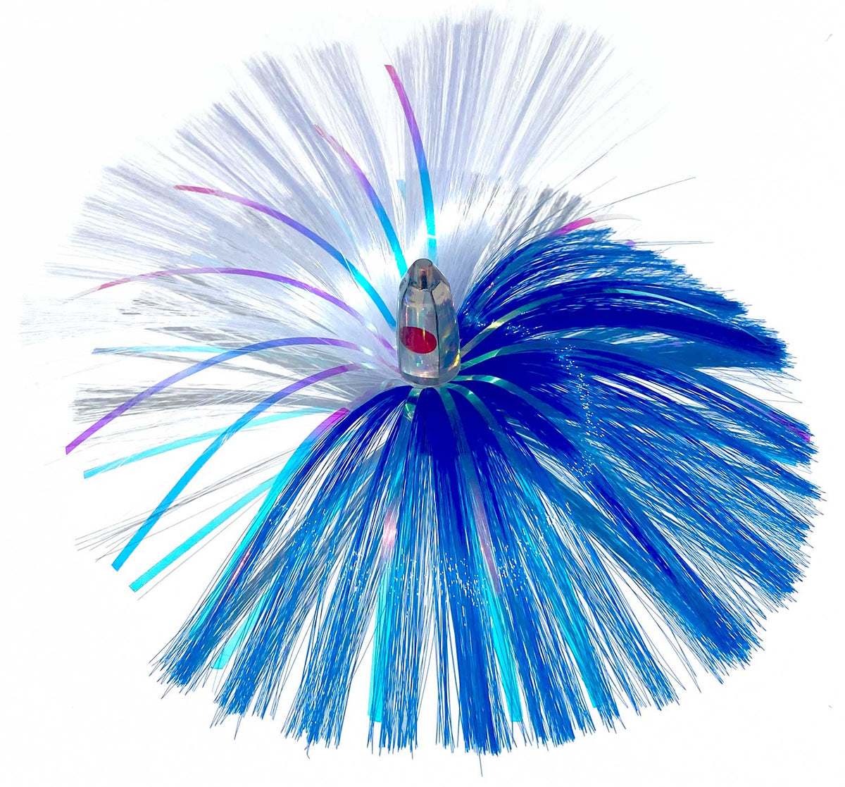 1oz HooSkull Mirror Head Witch Hair Trolling Lure – Blue/White & Mylar Flash