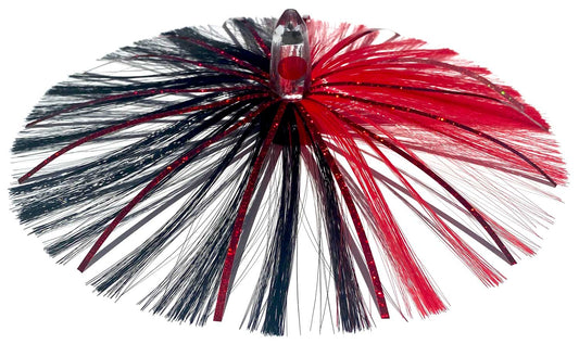 1oz HooSkull Mirror Head Witch Hair Trolling Lure – Red/Black & Red Mylar