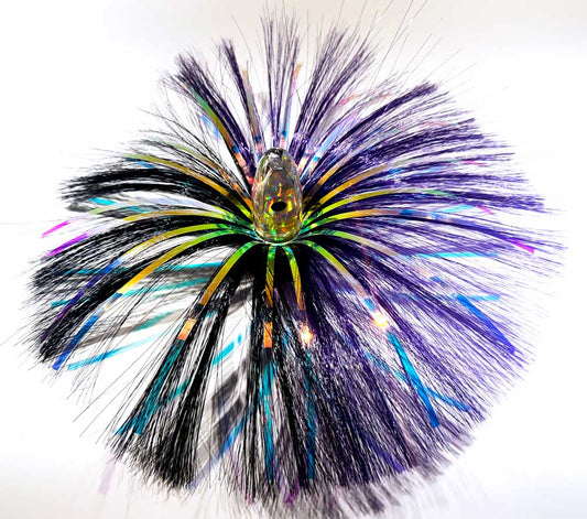 3oz HooSkull Mirror Head Witch Hair Trolling Lure – Purple/Black Mylar