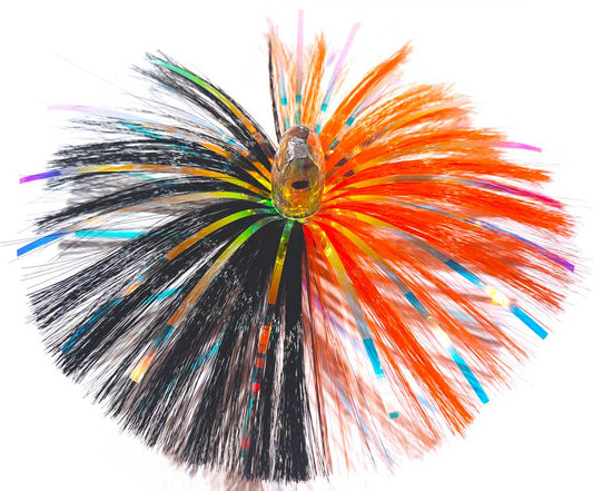 3oz HooSkull Mirror Head Witch Hair Trolling Lure – Black/Orange Mylar