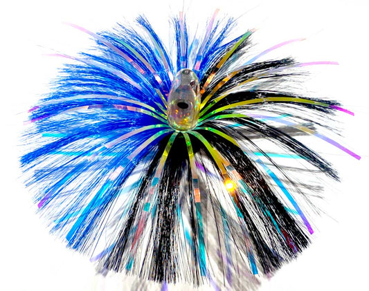 3oz HooSkull Mirror Head Witch Hair Trolling Lure – Blue/Black Mylar