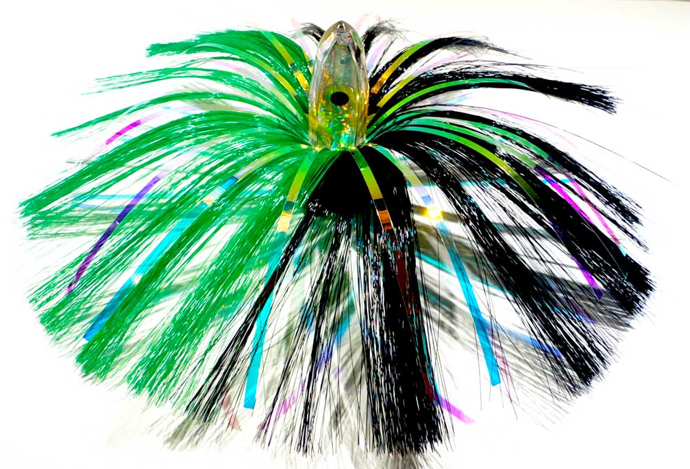 3oz HooSkull Mirror Head Witch Hair Trolling Lure – Green/Black Mylar