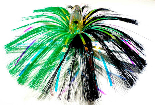 3oz HooSkull Mirror Head Witch Hair Trolling Lure – Green/Black Mylar