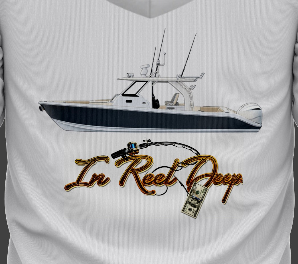 Custom fishing shirt straight polyester, UPF 50 with line art
