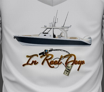 Custom fishing shirt straight polyester, UPF 50 with line art